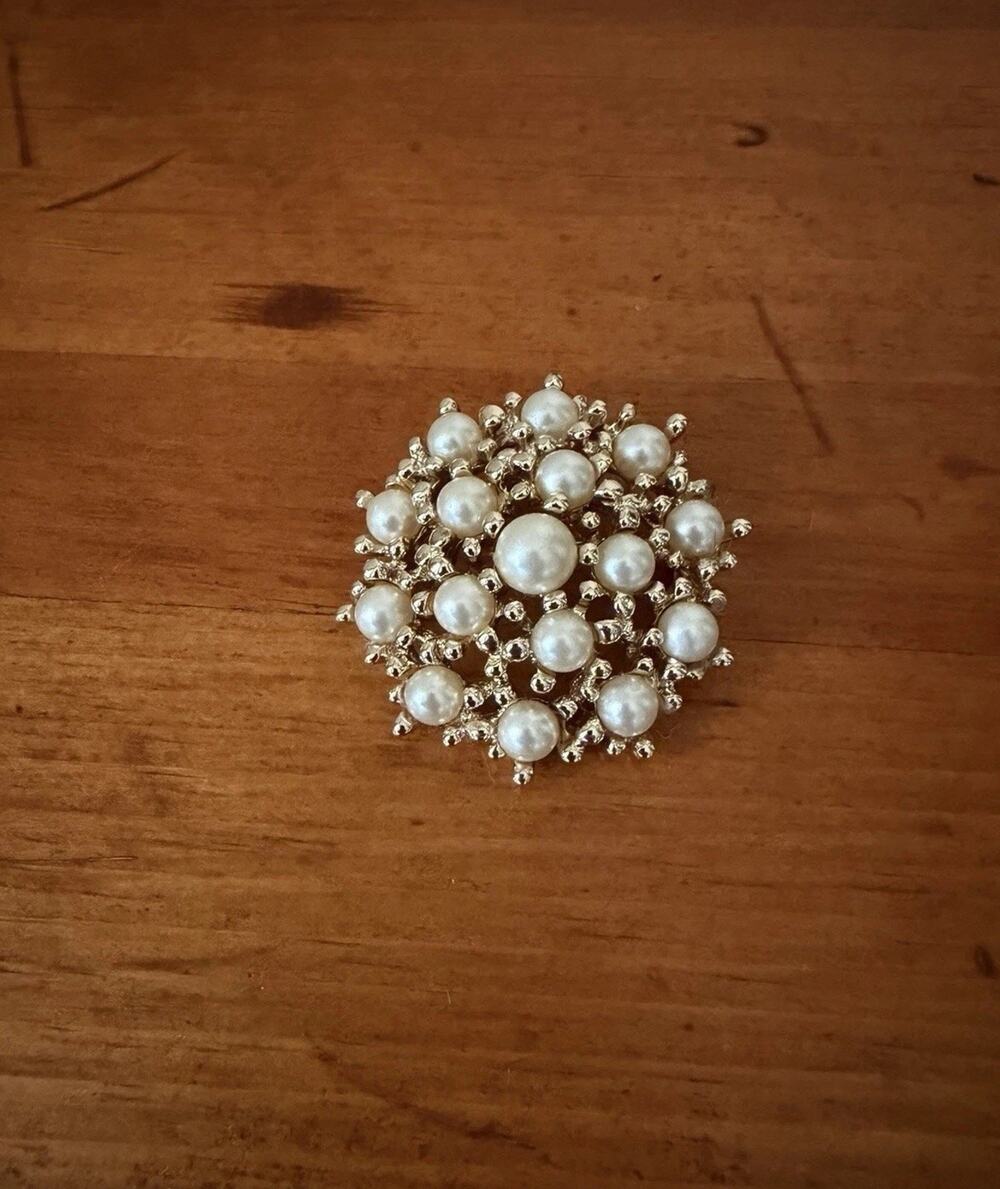Vintage Gold Tone Faux Pearl Cluster Brooch Domed Floral Rosette Statement Pin
